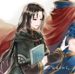  2boys :d bangs black_capelet black_hair black_robe blue_tunic book cape capelet commentary_request eyebrows_visible_through_hair facial_mark fire_emblem fire_emblem:_path_of_radiance forehead_mark grey_background highres holding holding_book hood hooded_capelet ike_(fire_emblem) jnsghsi long_hair long_sleeves low-tied_long_hair male_focus multiple_boys open_mouth red_cape red_eyes robe short_sleeves smile soren_(fire_emblem) translation_request tunic upper_body wide_sleeves 