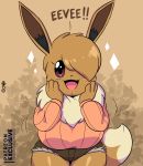  2019 anthro big_breasts blush breasts clothed clothing digital_media_(artwork) eevee eve_(joaoppereiraus) female hand_on_face hi_res joaoppereiraus looking_at_viewer nintendo one_eye_obstructed open_mouth open_smile pok&eacute;mon pok&eacute;mon_(species) smile solo sweater topwear video_games 