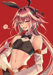  1boy astolfo_(fate) astolfo_(saber)_(fate) bangs bare_shoulders belt black_bow black_neckwear black_ribbon blush bow bowtie covered_nipples crop_top fang fate/grand_order fate_(series) hair_bow hair_intakes heart highres k.k_(pixiv) long_hair long_sleeves looking_at_viewer low_twintails midriff multicolored_hair navel open_mouth otoko_no_ko pink_hair purple_eyes red_background ribbon simple_background smile solo spoken_heart streaked_hair tongue tongue_out twintails white_hair wing_collar 