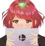  1girl bangs black_gloves blush commentary_request earrings fingerless_gloves gem gloves glowing hairband holding_envelope homura_(xenoblade_2) jewelry looking_at_viewer nayutayutautau nose_blush red_eyes red_hair short_hair simple_background solo super_smash_bros. swept_bangs upper_body white_background xenoblade_(series) xenoblade_2 