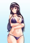  1girl absurdres arm_under_breasts bikini black_hair blue_background breasts cleavage commentary_request cowboy_shot gradient gradient_background hairband highres kasumigaoka_utaha large_breasts light_(sdga5524) long_hair looking_at_viewer multi-strapped_bikini purple_bikini red_eyes saenai_heroine_no_sodatekata side-tie_bikini solo swimsuit white_hairband 