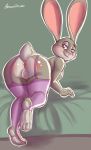  2019 3_toes absurd_res anthro anus bed big_ears blue_eyes breasts brownieclop butt clothed clothing disney feet female fur furniture grey_body grey_fur hi_res inviting judy_hopps lagomorph legwear leporid looking_at_viewer looking_back mammal mostly_nude partially_clothed pink_nose presenting presenting_hindquarters pussy rabbit rear_view side_boob sketch smile solo thigh_highs toes white_body white_fur zootopia 