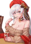  1girl aran_sweater azur_lane belfast_(azur_lane) belfast_(shopping_with_the_head_maid)_(azur_lane) beret blush breasts brown_sweater choker cleavage collarbone earrings eating food hat highres hoop_earrings jewelry large_breasts long_hair looking_at_viewer off-shoulder_sweater off_shoulder pocky red_nails shawl signature silver_hair sitting smile solo sweater vdrn1dd2gxldt3g 
