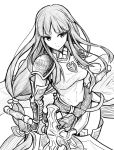  1girl alondite altina arm_guards breasts collared_dress covered_navel dress dual_wielding elbow_gloves fire_emblem fire_emblem:_radiant_dawn gloves holding holding_sword holding_weapon huge_weapon long_hair looking_away monochrome pelvic_curtain ponytail ragnell serious shoulder_armor shoulder_pads simple_background solo sword tenchan_man thighhighs weapon white_background zettai_ryouiki 