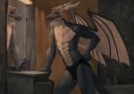  alger_draconian altered_reflection anthro bathroom blonde_hair clothing dragon grey_body grey_skin hair hi_res horn male membrane_(anatomy) membranous_wings mirror reflection scales scar shrewd1 standing teeth underwear wings 