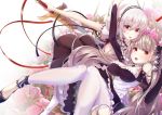  2girls apron arm_up azur_lane bangs bare_shoulders between_breasts black_dress blush breasts choker cleavage dress earrings eyebrows_visible_through_hair formidable_(azur_lane) frilled_dress frills grey_hair hair_between_eyes hair_ribbon high_heels holding holding_sword holding_weapon imo_bouya jewelry lace-trimmed_hairband large_breasts long_hair long_sleeves looking_at_viewer multiple_girls puffy_sleeves red_eyes ribbon short_hair sidelocks sirius_(azur_lane) sword thighhighs twintails two-tone_dress two-tone_ribbon very_long_hair weapon white_dress white_hair white_legwear 