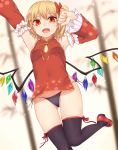  1girl :d alternate_costume armpits arms_up bangs bare_shoulders black_legwear black_panties blonde_hair blurry blurry_background bow breasts china_dress chinese_clothes commentary_request covered_navel cowboy_shot crystal detached_sleeves dress fang flandre_scarlet floral_print hair_between_eyes hair_bow long_sleeves looking_at_viewer mary_janes miyo_(ranthath) no_hat no_headwear one_side_up open_mouth panties red_bow red_dress red_eyes red_footwear shoes short_dress short_hair side-tie_panties small_breasts smile solo standing standing_on_one_leg thighhighs thighs touhou underwear wide_sleeves wings 