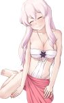  1girl bare_shoulders barefoot between_breasts breasts cleavage closed_eyes covered_navel easy_(aqk7bdqt) facing_viewer hair_between_eyes jewelry kaori_(tokedase!_mizorechan) lavender_hair long_hair medium_breasts necklace sarong simple_background sitting smile solo tokedase!_mizorechan white_background 