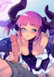  1boy 1girl areolae asymmetrical_horns between_breasts blue_eyes blurry blush breasts corset curled_horns depth_of_field detached_sleeves dragon_tail elizabeth_bathory_(fate) elizabeth_bathory_(fate)_(all) english_commentary fate/extra fate/extra_ccc fate/grand_order fate_(series) from_above horns lips long_hair nipples optionaltypo parted_lips penis pink_hair pink_lips pointy_ears small_breasts standing tail 