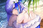  1girl bangs bare_shoulders blue_eyes blue_ribbon blue_swimsuit blush breasts closed_mouth day fate/grand_order fate_(series) hair_between_eyes head_tilt long_hair looking_at_viewer meltryllis meltryllis_(swimsuit_lancer)_(fate) outdoors purple_hair ribbon sitting small_breasts solo swimsuit tsukimoto_aoi water wet 