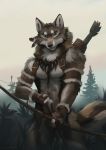  2019 5_fingers anthro arrow black_nose brown_body brown_fur canid canine canis day detailed_background digital_media_(artwork) fingers fur holding_bow holding_object holding_weapon koul male mammal outside sky solo standing weapon wolf 