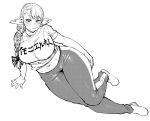  1girl belly blush braid breasts dutch_angle elf-san_wa_yaserarenai. erufuda-san food food_on_face large_breasts leg_lift long_hair looking_at_viewer midriff plump pointy_ears raised_eyebrows simple_background solo sweat synecdoche thick_thighs thighs white_background 