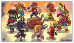  amamiya_ren animal animal_ears bag bandana banjo-kazooie banjo_(banjo-kazooie) bear bird black_hair blonde_hair blue_eyes blush capcom chibi closed_eyes coat crown dancing dougi dress facial_hair fatal_fury feathers fire geno_(mario) gloves golden_sun hat highres inkling kazooie_(banjo-kazooie) ken_masters kirby kirby_(series) konami link long_hair mario_(series) mask metal_gear_(series) metal_gear_solid mother_(game) mother_2 multiple_boys mustache ness persona persona_5 ponytail princess_daisy robin_(golden_sun) short_hair shorts solid_snake splatoon_(series) splatoon_1 stoic_miiverse stoic_seraphim street_fighter super_smash_bros. terry_bogard thanksgiving the_king_of_fighters the_legend_of_zelda the_legend_of_zelda:_breath_of_the_wild waluigi 