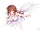  1girl alternate_costume angel angel_wings artist_name baileys_(tranquillity650) blush breasts brown_eyes brown_hair dress eyebrows_visible_through_hair gauntlets hair_between_eyes hair_flaps hair_ornament hairband highres kantai_collection large_breasts long_hair looking_at_viewer open_mouth red_hairband shiratsuyu_(kantai_collection) smile solo wings 