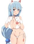  1girl alternate_hairstyle animal_ear_fluff animal_ears aqua_(konosuba) bangs bare_shoulders bikini blue_eyes blue_hair blush breasts cat_ears character_name cleavage collar collarbone covered_nipples cowboy_shot eyebrows_visible_through_hair fake_animal_ears fang gloves groin hair_between_eyes hair_ornament heart highres kono_subarashii_sekai_ni_shukufuku_wo! legs_together long_hair navel open_mouth paw_gloves paws price_tag seihekiog shiny shiny_hair shiny_skin side-tie_bikini sidelocks simple_background skin_fang skindentation smile solo standing swimsuit thick_thighs thigh_gap thighs tongue very_long_hair white_background white_bikini white_gloves wide_hips 