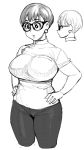  1girl black-framed_eyewear breasts earrings hands_on_hips highres jewelry large_breasts lips monochrome short_hair simple_background sketch solo synecdoche thick_thighs thighs white_background 
