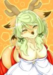  2017 abstract_background absurd_res accessory anthro antlers asian_clothing big_breasts black_nose breasts brown_body brown_fur cervid cheek_tuft chest_tuft cleavage clothed clothing east_asian_clothing facial_tuft female front_view fur green_hair hair hair_accessory hair_ribbon hakama hi_res horn japanese_clothing kemono looking_at_viewer mammal megane_inu navel ribbons smile solo tan_body tan_fur tuft yuzuki_(kame_3) 