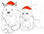  1girl breasts cleavage djayo fang hat lying monochrome on_stomach original santa_hat sketch smile spot_color wolf 