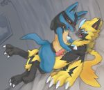  2019 anthro anthro_on_anthro blue_eyes blush claws duo hi_res huka legendary_pok&eacute;mon lucario male male/male nintendo open_mouth penis pok&eacute;mon pok&eacute;mon_(species) red_eyes toe_claws tongue tongue_out video_games whiskers zeraora 