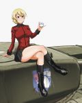  1girl absurdres black_footwear black_skirt blonde_hair blue_eyes blush boots breasts closed_mouth crossed_legs cup darjeeling eyebrows_visible_through_hair girls_und_panzer ground_vehicle highres huge_filesize large_breasts military military_uniform military_vehicle miniskirt motor_vehicle sanho_(bin0910) shiny shiny_clothes shiny_hair shiny_skin simple_background sitting skirt smile solo st._gloriana&#039;s_military_uniform tank tea teacup uniform white_background 
