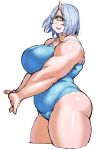  1girl bare_shoulders belly blue_hair blue_swimsuit breasts cyclops elf-san_wa_yaserarenai. fangs highres horn huge_breasts looking_at_viewer muscle one-eyed short_hair simple_background smile solo swimsuit synecdoche thick_thighs thighs white_background yellow_eyes 