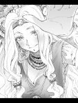  1girl bead_necklace beads breasts circlet cleavage fate/grand_order fate_(series) greyscale highres jewelry letterboxed long_hair low-tied_long_hair monochrome necklace pendant quetzalcoatl_(fate/grand_order) smile 