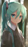  1girl aqua_eyes aqua_hair blurry blurry_background collar collared_shirt commentary eyebrows_visible_through_hair grey_sweater hair_between_eyes hair_ornament hatsune_miku highres light_blush light_smile long_hair looking_at_viewer looking_to_the_side parted_lips revision shirt signature solo sunlight sweater takepon1123 twintails upper_body vocaloid white_collar 