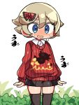  1boy blonde_hair blue_eyes blush collared_shirt cosplay hair_ribbon kanikama lass_(pokemon) lass_(pokemon)_(cosplay) lowres male_focus open_mouth otoko_no_ko pokemon pokemon_(game) pokemon_swsh ribbon shirt skirt solo sweatdrop thighhighs youngster_(pokemon) 