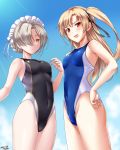  2girls artist_name azur_lane black_swimsuit blonde_hair blue_sky blue_swimsuit blush braid breasts cape cleveland_(azur_lane) cloud cloudy_sky commentary_request competition_swimsuit covered_navel cowboy_shot dated day eyebrows_visible_through_hair french_braid from_below hair_between_eyes hair_over_one_eye highleg highleg_swimsuit highres long_hair long_sleeves looking_at_viewer looking_down maid_headdress multiple_girls one-piece_swimsuit one_side_up open_mouth outdoors platinum_blonde_hair red_eyes sheffield_(azur_lane) sky small_breasts standing swimsuit swimsuit_under_clothes tsuchimiya 