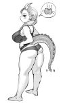  bare_shoulders barefoot boned_meat breasts cleavage curvy food from_behind hands_on_hips highres horns huge_breasts lizard_tail long_hair looking_at_viewer looking_back meat monochrome panties pointy_ears simple_background spoken_boned_meat synecdoche tail thick_thighs thighs underwear white_background 