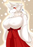  2016 absurd_res anthro asian_clothing big_breasts black_nose blush breasts canid canine clothed clothing east_asian_clothing female fox fur hair hakama hi_res huge_breasts japanese japanese_clothing kemono long_hair looking_at_viewer mammal megane_inu open_mouth red_eyes solo standing white_body white_fur white_hair 