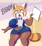  2019 aggressive_retsuko ailurid anthro big_breasts blush bottomwear breast_grab breasts clothed clothing curvy_figure dialogue digital_media_(artwork) disembodied_hand empty_eyes english_text female female_focus hand_on_breast harassment hi_res holding_object huge_breasts joaoppereiraus mammal midriff open_mouth panties paper red_panda retsuko sanrio sexual_harassment shocked skirt slightly_chubby solo_focus text thick_thighs underwear upskirt wide_hips 