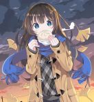  1girl bangs baozi black_skirt blue_eyes blue_scarf blush brown_coat brown_hair cloud cloudy_sky coat commentary_request covered_mouth duffel_coat eyebrows_visible_through_hair food fringe_trim ginkgo_leaf grey_sweater hair_between_eyes hands_up highres holding holding_food long_hair long_sleeves open_clothes open_coat original outdoors plaid plaid_sweater pleated_skirt scarf skirt sky sleeves_past_wrists solo sunset sweater tantan_men_(dragon) very_long_hair 