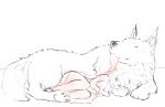 1girl blanket breasts cleavage cuddling djayo fetal_position lying monochrome mouth_hold nude on_side original sketch sleeping smile spot_color wolf 
