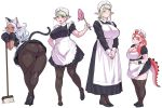  4girls :p alternate_costume animal_ears apron ass aunt_and_niece bangs bent_over black_footwear black_gloves black_legwear blonde_hair bonnet braid breasts broom cat_ears cat_tail cleavage closed_eyes dark_elf dragon_girl dragon_horns dragon_tail duster elf elf-san_wa_yaserarenai. enmaided erufuda-san expressionless fake_animal_ears fang french_braid gloves gonda_(elf-san_wa_yaserarenai) green_eyes hair_over_shoulder height_difference high_heels highres horns huge_ass huge_breasts kemonomimi_mode kuroeda-san large_breasts loafers looking_at_viewer looking_back low_ponytail maid maid_apron maid_headdress mature mole mole_under_eye multiple_girls ooeda_(elf-san_wa_yaserarenai) pantyhose parted_bangs paw_gloves paws pinky_out pointy_ears red_eyes red_hair scales scar shoes short_hair short_stack silver_hair small_breasts standing synecdoche tail tail_lift thick_eyebrows thick_thighs thighhighs thighs tongue tongue_out upskirt waist_apron white_background wide_hips wrist_cuffs zettai_ryouiki 