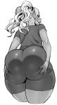  1girl ass ass_grab bike_shorts commentary_request cropped_legs dark_elf dark_skin deep_skin elf elf-san_wa_yaserarenai. from_behind grabbing_own_ass highres huge_ass kuroeda-san looking_at_viewer looking_back mole mole_under_eye monochrome parted_lips pointy_ears simple_background solo sweat synecdoche thick_thighs thighs twintails white_background 