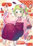  1girl :d blush bow braid brown_footwear card eyebrows_visible_through_hair floral_print flower frilled_sleeves frills full_body green_eyes green_hair hair_flower hair_ornament hakama holding holding_card japanese_clothes kimono long_sleeves looking_at_viewer meito_(maze) morinaka_kazaki nijisanji open_mouth outstretched_arm pink_flower pink_kimono print_kimono red_bow red_hakama sidelocks smile socks solo virtual_youtuber white_legwear wide_sleeves zouri 