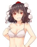  1girl bangs bare_arms bare_shoulders black_hair blush bra breasts cleavage clenched_teeth collarbone commentary_request hair_between_eyes hand_on_hip hat looking_at_viewer medium_breasts miyo_(ranthath) navel pom_pom_(clothes) red_eyes shameimaru_aya short_hair simple_background solo stomach strap_slip sweat teeth tokin_hat touhou underwear underwear_only upper_body white_background white_bra 