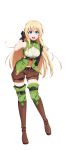  1girl :d absurdres arm_behind_back asymmetrical_sleeves belt belt_buckle black_belt black_gloves black_legwear black_sleeves blonde_hair blue_eyes boots brown_footwear brown_shorts buckle contrapposto cosplay gloves goblin_slayer! green_legwear hair_between_eyes high_elf_archer_(goblin_slayer!) high_elf_archer_(goblin_slayer!)_(cosplay) highres kankitukou knee_boots long_hair looking_at_viewer open_mouth priestess_(goblin_slayer!) short_shorts shorts simple_background single_sleeve smile solo straight_hair thighhighs very_long_hair white_background 