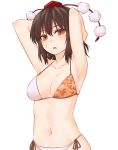  1girl armpits arms_behind_head arms_up bangs bare_arms bare_shoulders bikini black_hair blush breasts collarbone commentary_request groin hair_between_eyes hat leaf_print looking_at_viewer medium_breasts miyo_(ranthath) navel open_mouth pom_pom_(clothes) red_eyes shameimaru_aya short_hair side-tie_bikini simple_background solo stomach sweat swimsuit tassel tokin_hat touhou upper_body white_background white_bikini 