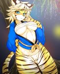  2018 anthro asian_clothing bandage blonde_hair blue_eyes blush bodily_fluids breasts brown_stripes camel_toe clothing countershading east_asian_clothing felid female fireworks front_view fur hair hi_res japanese_clothing kemono looking_at_viewer mammal megane_inu navel night pantherine panties portrait solo spiky_hair standing striped_body striped_fur stripes sweat three-quarter_portrait tiger under_boob underwear yellow_body yellow_fur zhang_fei_(fullbokko_heroes) 