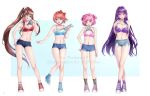  4girls :d alternate_costume arms_behind_back artist_name bangs bare_shoulders blue_background blue_bra blue_eyes blue_nails blush bow bra breasts brown_hair camisole camisole_lift casual collarbone commentary commission cross-laced_footwear crossed_legs cutoffs denim denim_shorts doki_doki_literature_club eyebrows_visible_through_hair fang full_body green_eyes hair_between_eyes hair_bow hair_ornament hair_ribbon hairclip hand_on_hip hand_on_own_chest hand_up highres large_breasts lifted_by_self long_hair looking_at_viewer medium_breasts midriff monika_(doki_doki_literature_club) mouth_hold multiple_girls natsuki_(doki_doki_literature_club) navel open_mouth pink_bra pink_eyes pink_hair ponytail potetos7 print_bra purple_bra purple_eyes purple_hair purple_nails red_bow red_bra ribbon sayori_(doki_doki_literature_club) shoes short_hair short_shorts shorts simple_background small_breasts smile spaghetti_strap standing star star_print symbol_commentary two_side_up underwear very_long_hair watermark watson_cross white_background white_camisole white_ribbon yuri_(doki_doki_literature_club) 