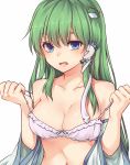  1girl bangs bare_shoulders blue_eyes blush bra breasts cleavage collarbone commentary_request detached_sleeves frog_hair_ornament green_hair hair_between_eyes hair_ornament hair_tubes hands_up kochiya_sanae long_hair long_sleeves looking_at_viewer medium_breasts miyo_(ranthath) navel open_mouth pulled_by_self sidelocks simple_background snake_hair_ornament solo stomach strap_pull touhou underwear upper_body white_background white_bra wide_sleeves 