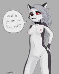  2019 absurd_res anthro breasts canid canid_demon canine canis collar demon digital_media_(artwork) female fur hair hellhound helluva_boss hi_res loona_(vivzmind) mammal nipples nude pussy ravenium simple_background solo spiked_collar spikes white_body white_fur wolf 