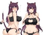  1boy 1girl absurdres animal_ears bangs bare_shoulders bell bell_choker black_panties blush breasts cat_cutout cat_ear_panties cat_ears cat_girl cat_lingerie cat_tail choker cleavage cleavage_cutout curvy eyebrows_visible_through_hair flying_sweatdrops girls_frontline half_updo highres jingle_bell large_breasts long_hair looking_at_viewer meme_attire multiple_views navel one_side_up open_mouth panties plump purple_hair red_eyes shah side-tie_panties sidelocks simple_background smile tail tail_pull underwear underwear_only very_long_hair wa2000_(girls_frontline) white_background 