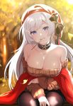 1girl absurdres aran_sweater azur_lane bangs belfast_(azur_lane) belfast_(shopping_with_the_head_maid)_(azur_lane) beret blush breasts brown_sweater choker cleavage collarbone earrings eyebrows_visible_through_hair food gou_d hat highres hoop_earrings incoming_pocky_kiss jewelry large_breasts long_hair looking_at_viewer mouth_hold off-shoulder_sweater off_shoulder pocky pocky_kiss silver_hair skirt smile solo sweater 