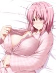  1girl bangs bed_sheet blush breasts commentary_request eyebrows_visible_through_hair hair_between_eyes highres large_breasts long_sleeves looking_at_viewer lying nori_tamago nose_blush on_back pajamas partially_unbuttoned pink_hair pink_pajamas plaid plaid_pajamas red_eyes saigyouji_yuyuko shadow short_hair solo sweat touhou upper_body 