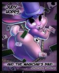  absurd_res advertisement anthro brown_eyes card clothing convenient_censorship cub disney female flat_chested fur furnut grey_body grey_fur handcuffs hat headgear headwear hi_res judy_hopps lagomorph leporid looking_at_viewer mammal nude open_mouth playing_card rabbit shackles top_hat young zootopia 