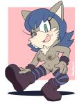  2019 absurd_res alonwoof anthro bodily_fluids boots breasts canid canine canis casual_nudity clothing digital_media_(artwork) female fluffy footwear fur grey_body grey_fur hair handwear hi_res legwear looking_at_viewer mammal nipples nude open_mouth pussy senshion simple_background slightly_chubby smile socks_the_wolf solo stretching sweat sweatdrop video_games 