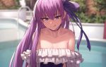  1girl :q bangs bare_shoulders blurry blurry_background bow choker collarbone commentary_request eyebrows_visible_through_hair fate/grand_order fate_(series) frills hair_between_eyes hair_bow highres ibuki_notsu long_hair looking_at_viewer meltryllis meltryllis_(swimsuit_lancer)_(fate) off_shoulder outdoors pool purple_bow purple_choker purple_eyes purple_hair solo swimsuit tongue tongue_out tsurime upper_body 
